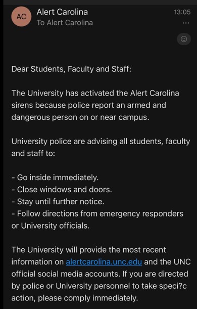
Alert Carolina post regarding UNC Chapel Hill active shooter lockdown August 28, 2023 Screenshot Courtesy: Steven Schlink