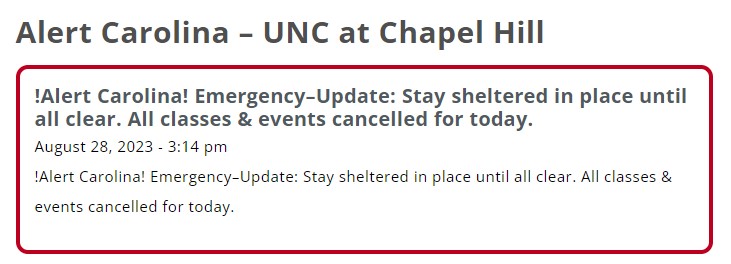 Alert Carolina Posting regarding Active Shooter on the campus of UNC Chapel Hill August 28, 2023, via https://alertcarolina.unc.edu/