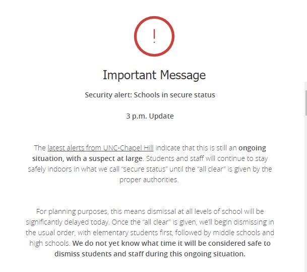 Emergency Notification from Chapel Hill - Carrboro City Schools following UNC Chapel Hill active shooter situation August 28, 2023 via https://www.chccs.org/